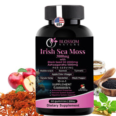 Bottle with 10-in-1 Irish Sea Moss Gummies and ingredients on label