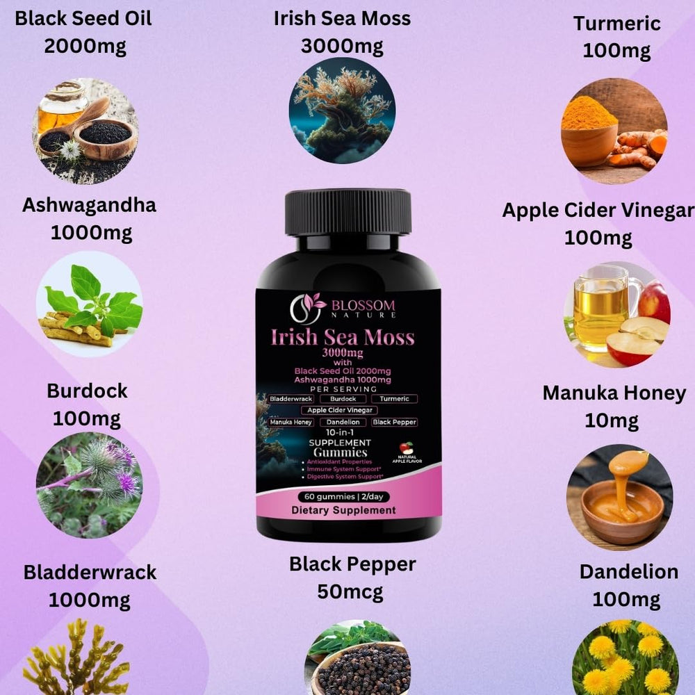 Close-up of Sea Moss gummies highlighting 3000mg formula