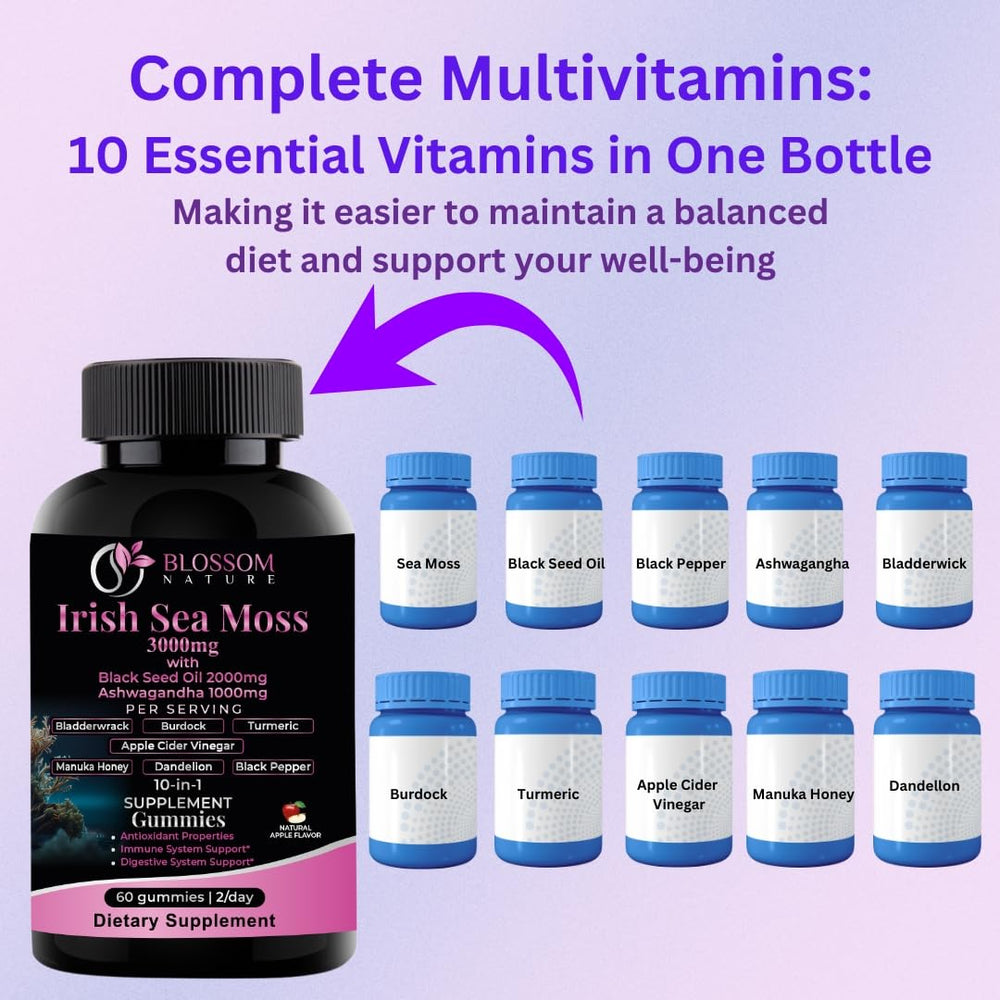 Ingredients laid out: Irish Sea Moss, Bladderwrack, Turmeric, Apple Cider Vinegar