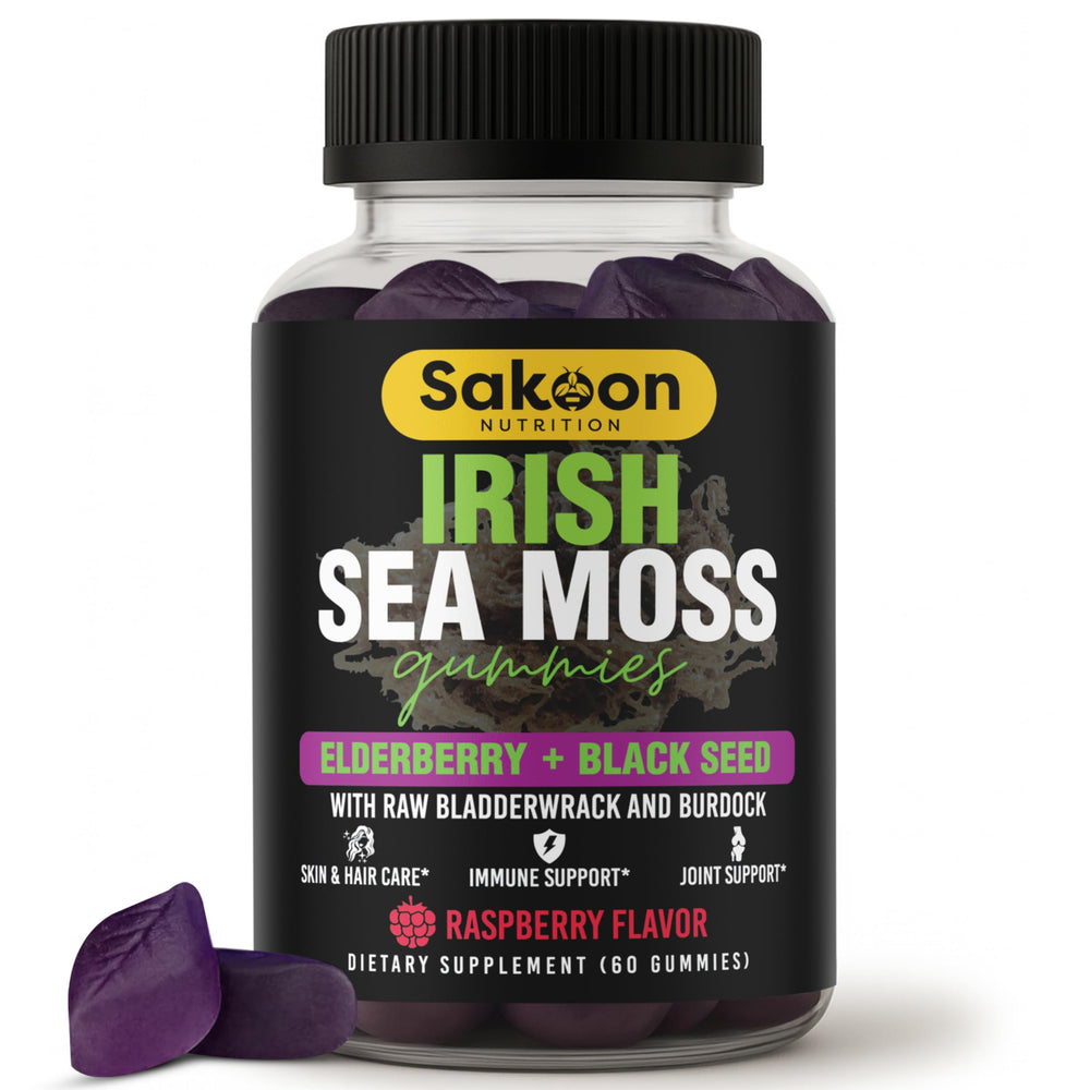 Front view of Irish Sea Moss Gummies with Elderberry & Black Seed Oil in Raspberry flavor