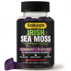 Front view of Irish Sea Moss Gummies with Elderberry & Black Seed Oil in Raspberry flavor