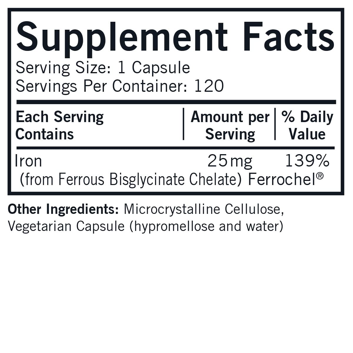Close-up of Iron 25 mg Bio-Max Series Capsules label