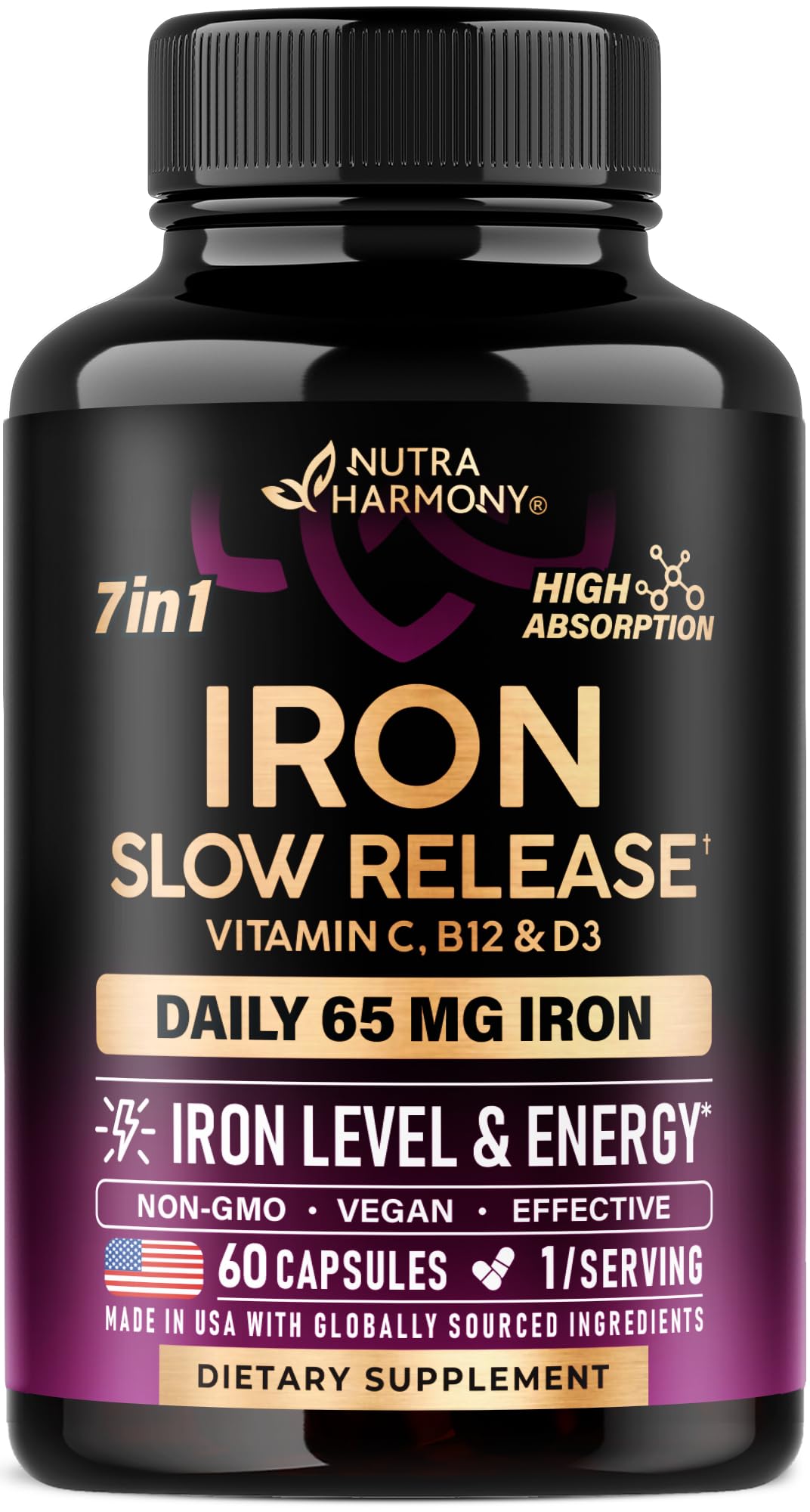 Bottle of Iron 65mg slow-release supplement for women