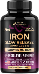Bottle of Iron 65mg slow-release supplement for women