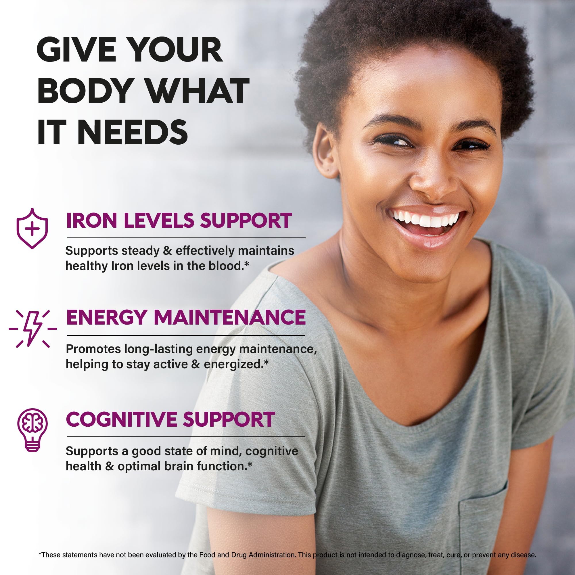 Iron supplement bottle with vitamins C, B12, D3 complex