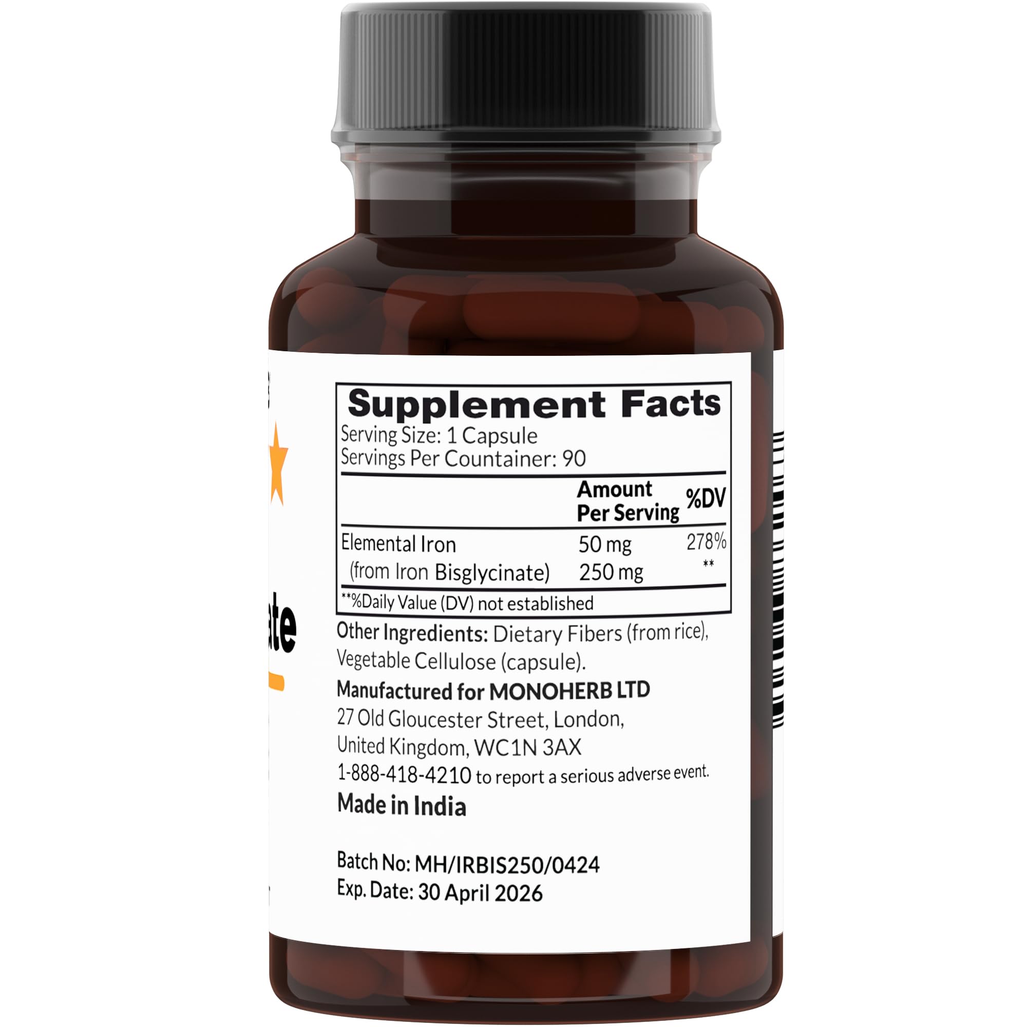 Close-up of transparent vegetable capsules containing iron bisglycinate