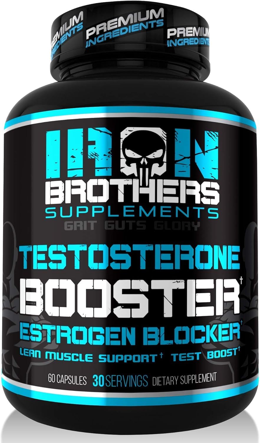 Iron Brothers testosterone booster bottle in gym setting signaling strength