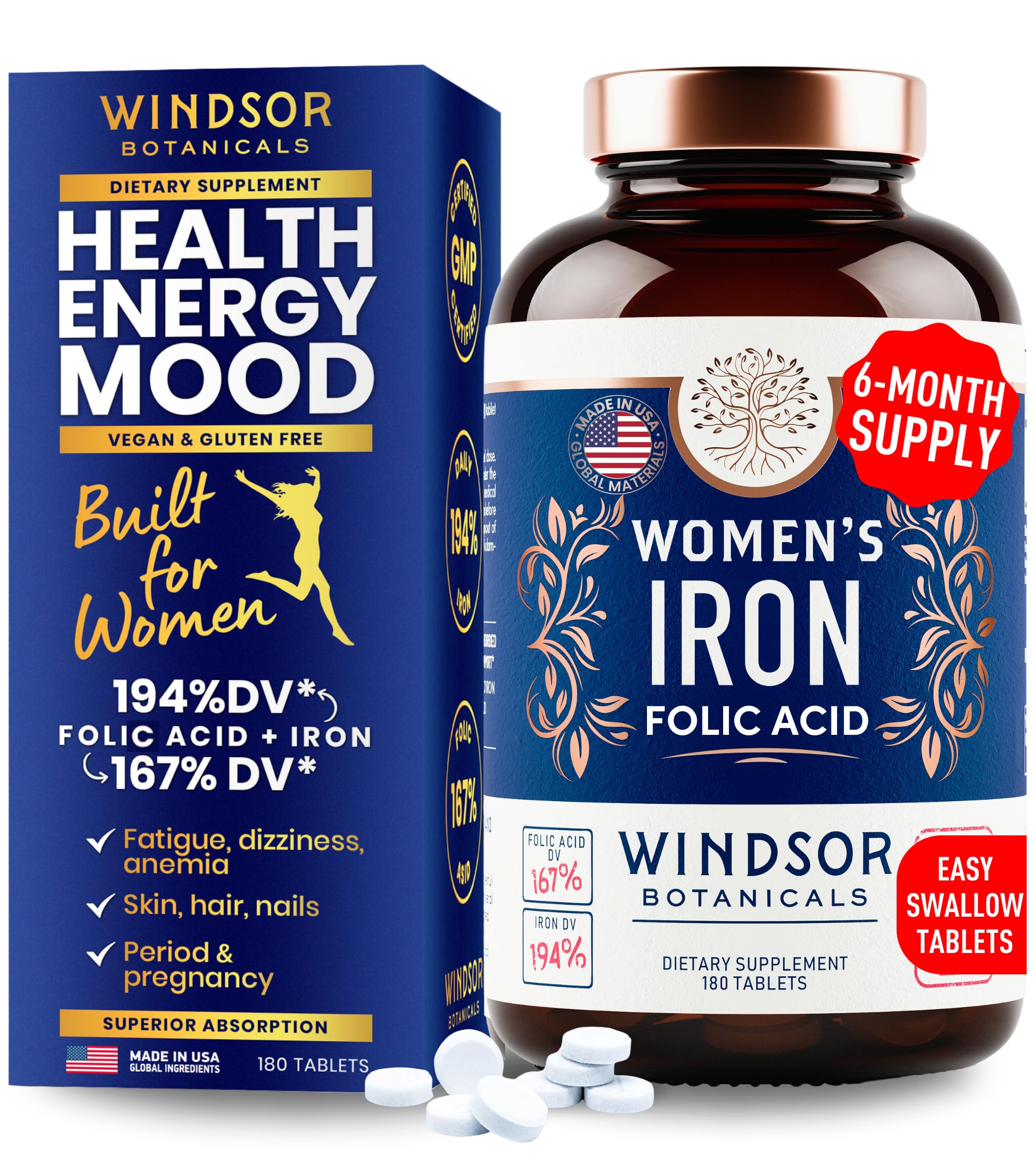 Bottle of Iron and Folic Acid Supplements for Women - 180 vegan tablets