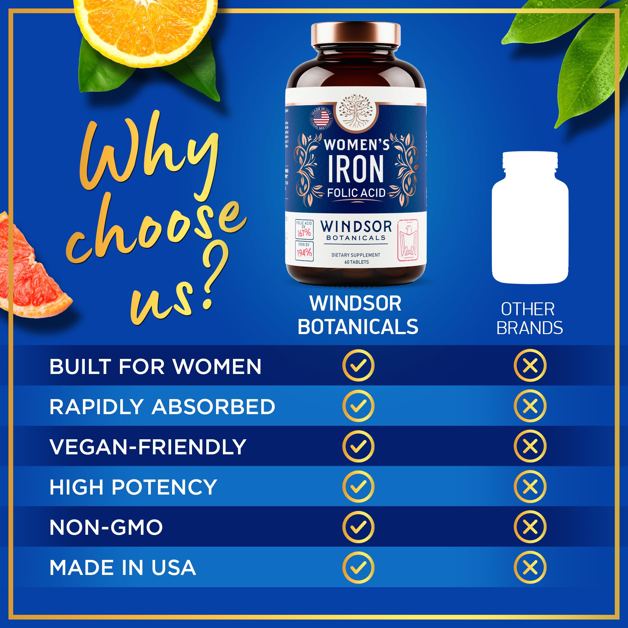Nutrition facts label showing iron 35mg and folic acid 400mcg.