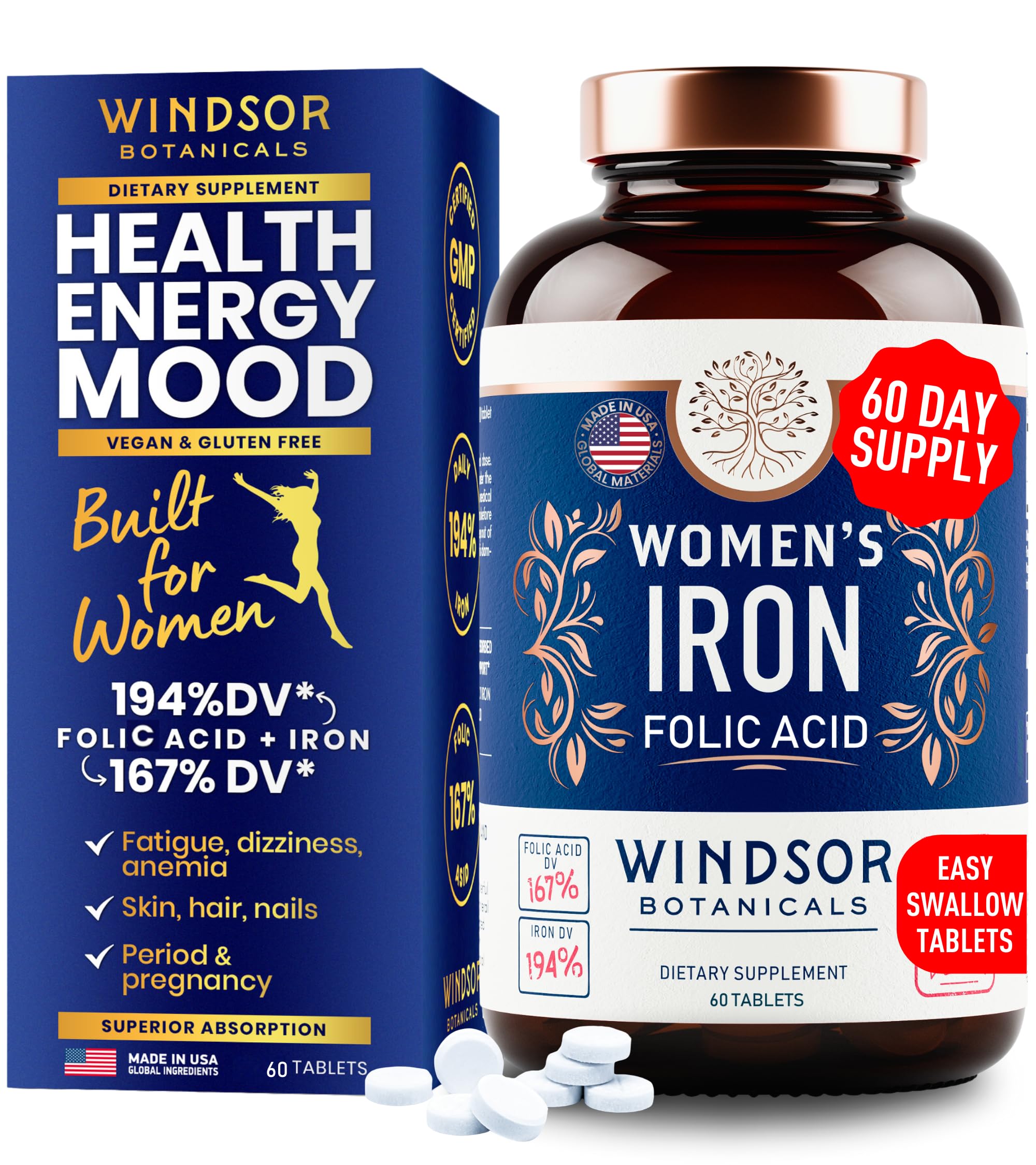 Pack shot of Iron & Folic Acid supplements for Women, 60 vegan tablets.