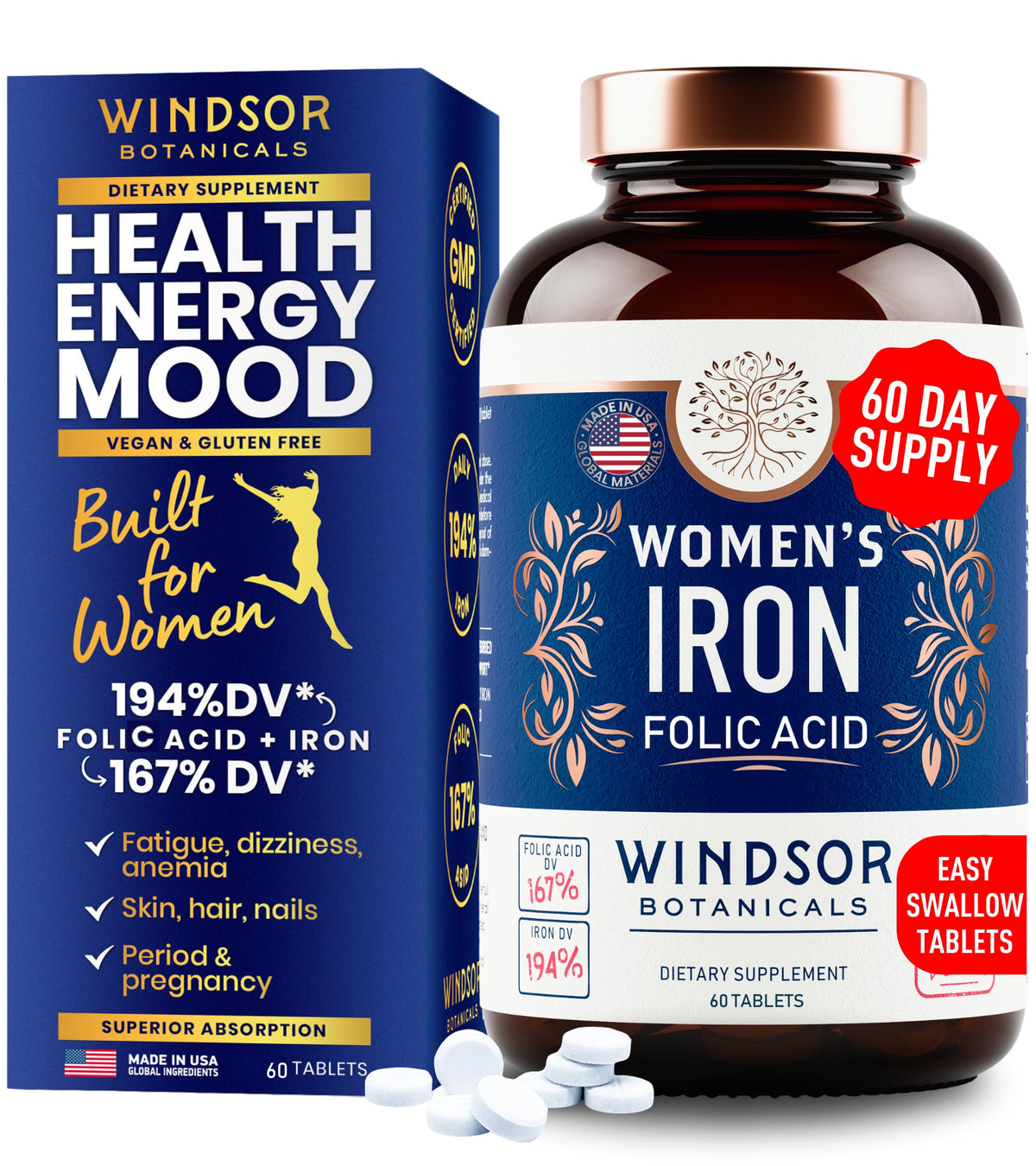 Pack shot of Iron & Folic Acid supplements for Women, 60 vegan tablets.