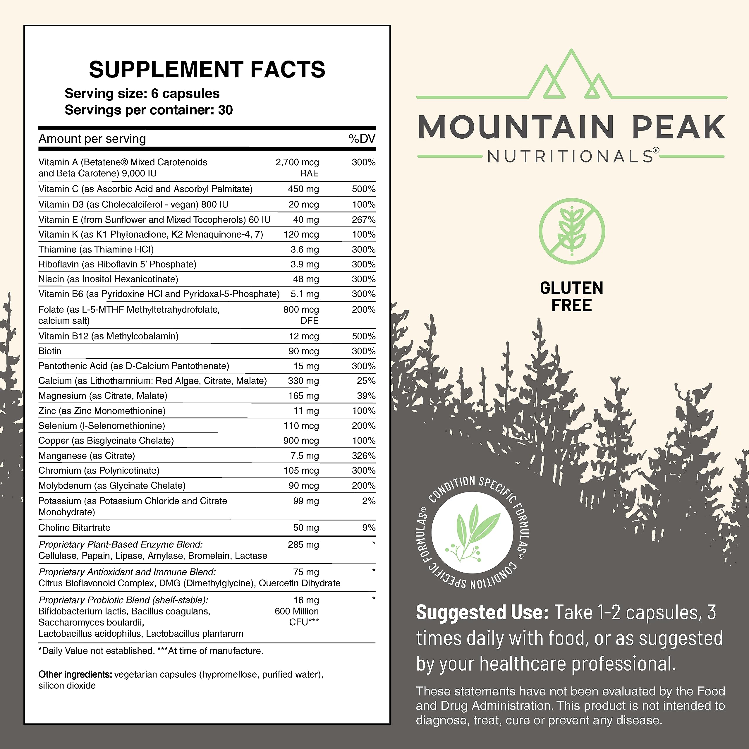 Label highlighting iron-free and soy-free multivitamin ingredients