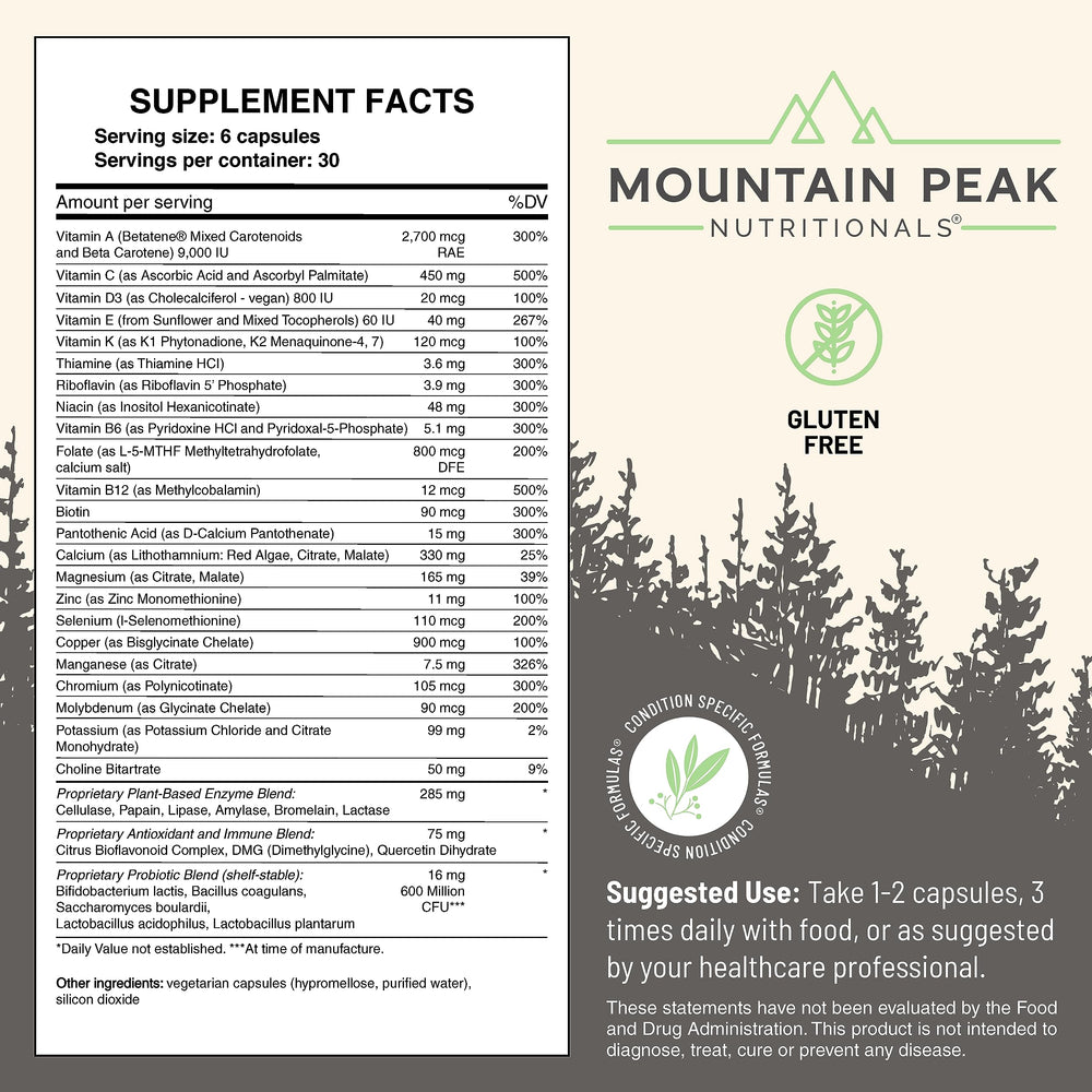 Label highlighting iron-free and soy-free multivitamin ingredients