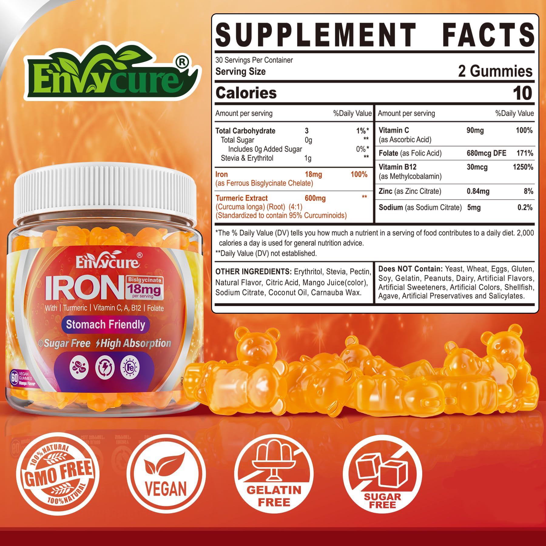 Close-up of Mango-flavored vegan iron gummies