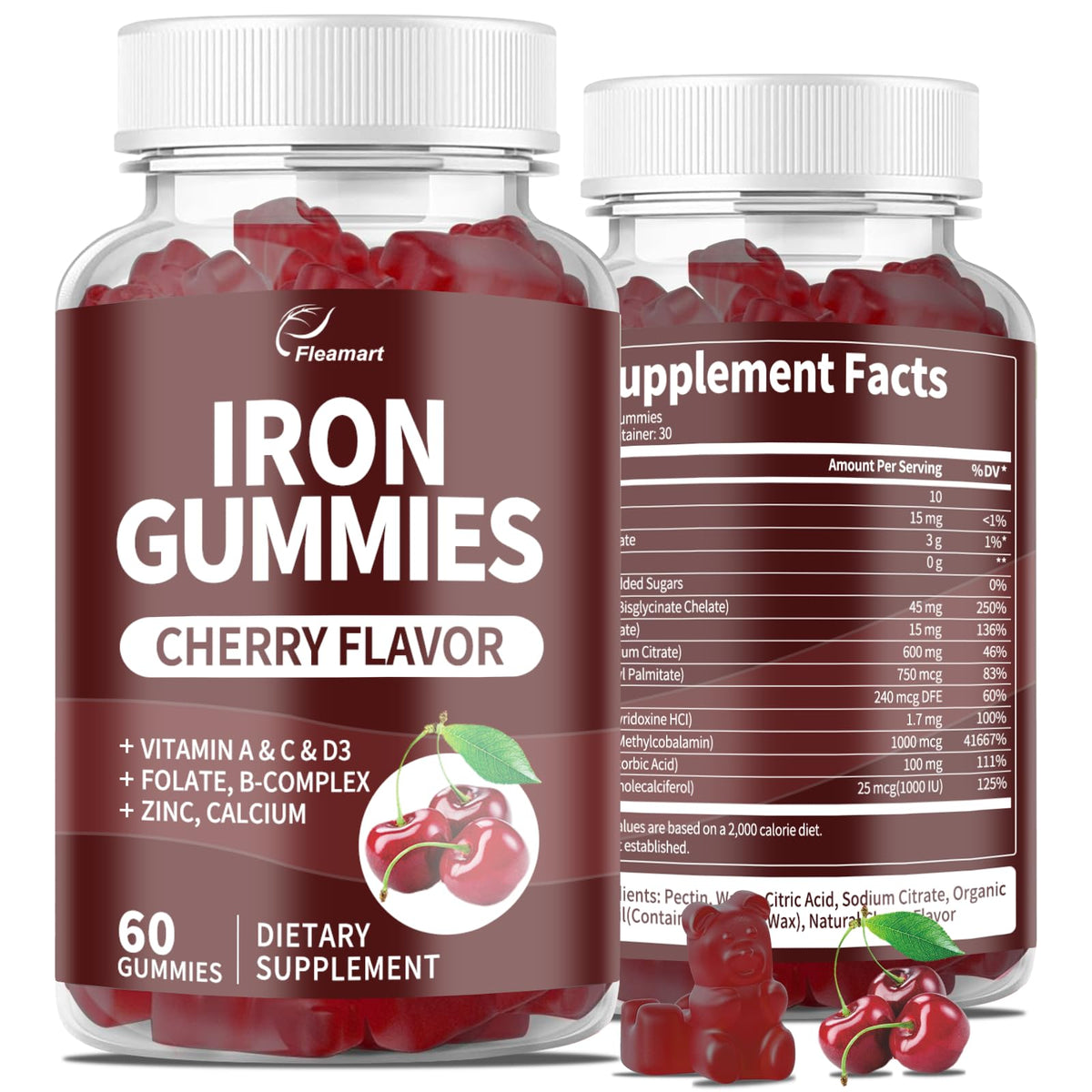 Iron Gummies bottle featuring 60 cherry-flavor gummies