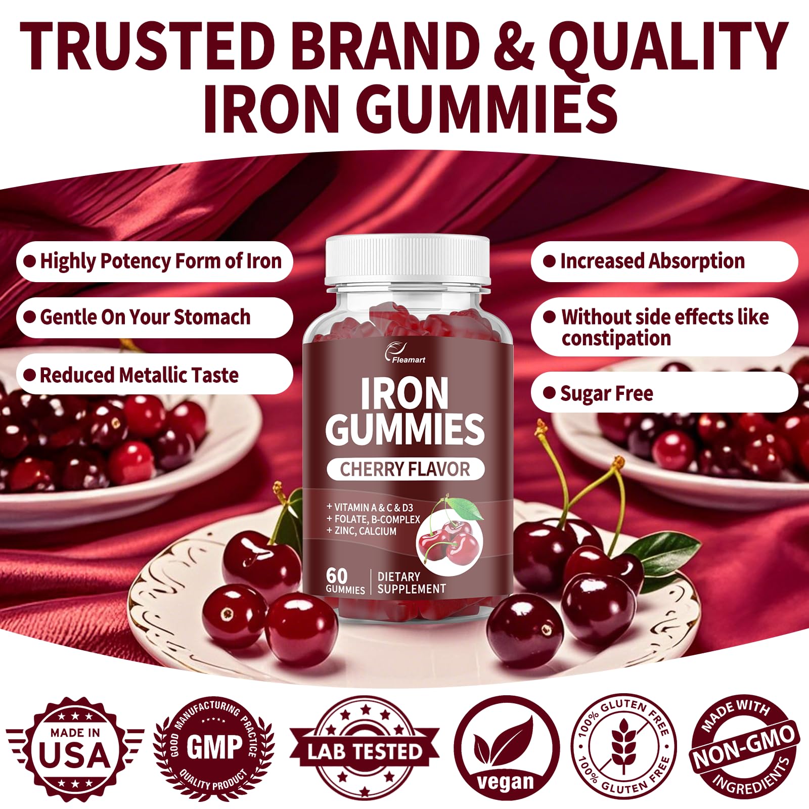 Close-up of Iron Gummies label showing cherry flavor