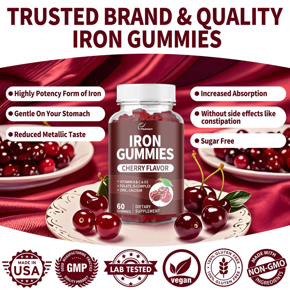 Close-up of Iron Gummies label showing cherry flavor
