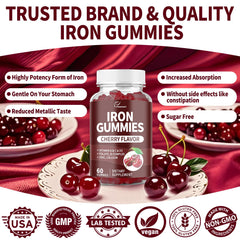Close-up of Iron Gummies label showing cherry flavor
