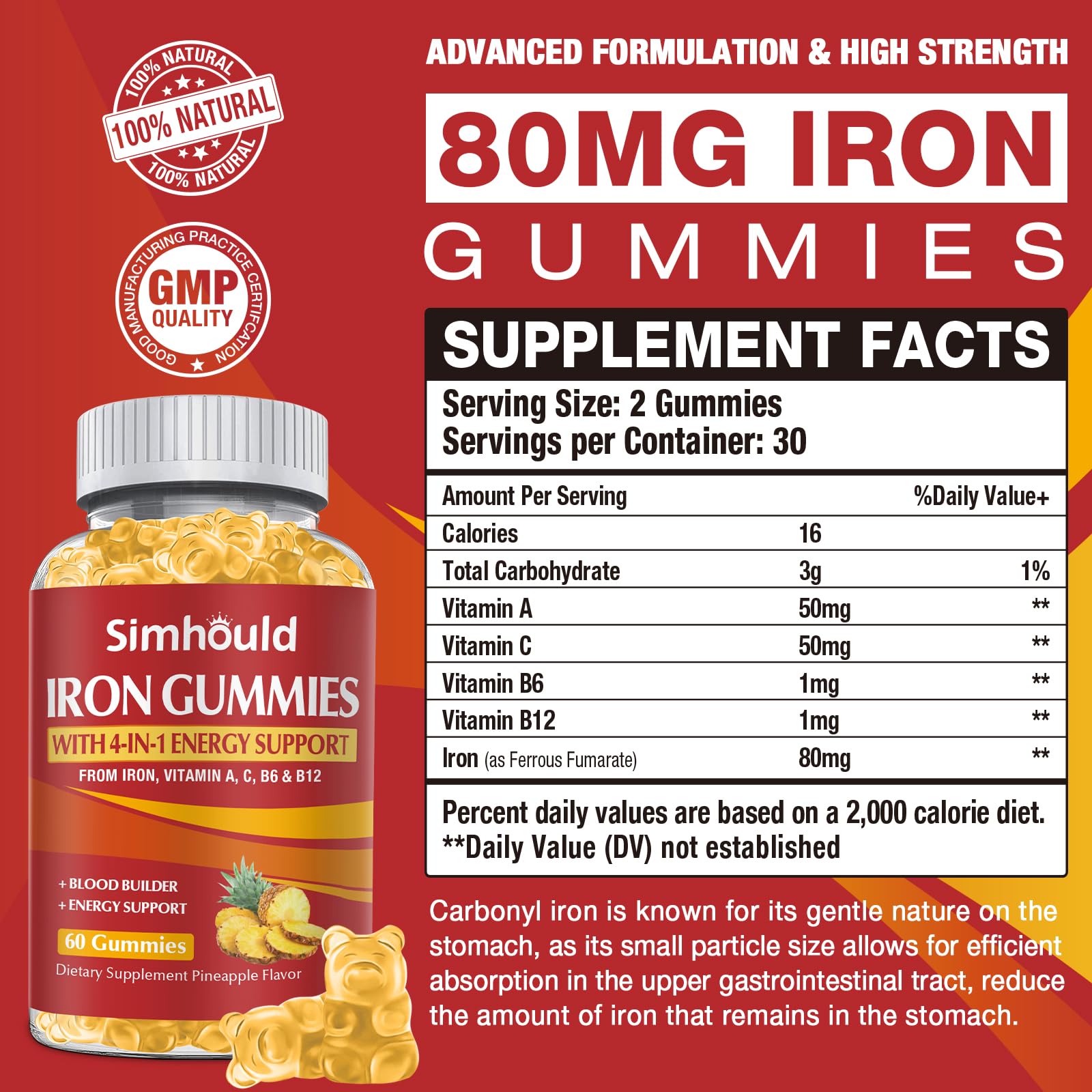 Close-up of the gummy bottle label showing 80mg iron and vitamins A, C, B6, B12.