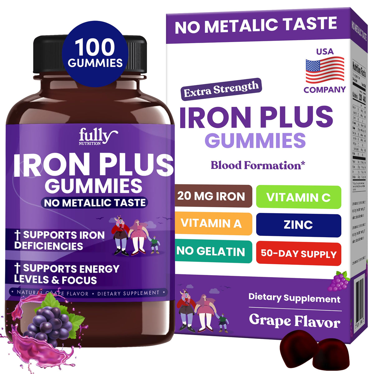 Grap flavor iron gummies for women, men, and kids.