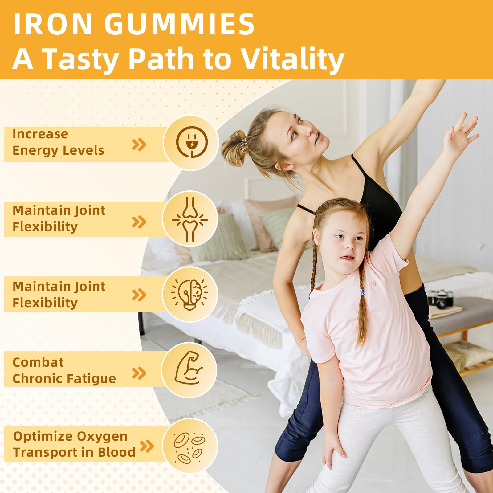 Ingredient panel featuring iron, folate, vitamin C, B6, B12, and zinc