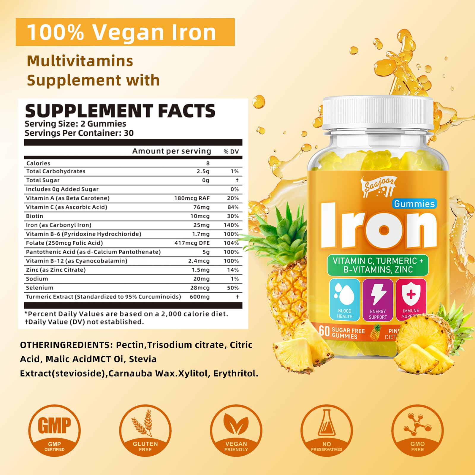 Pineapple-flavored iron gummies for adults and kids