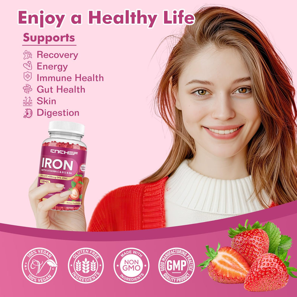 Label of CNCHEF Iron Gummies showing key nutrients