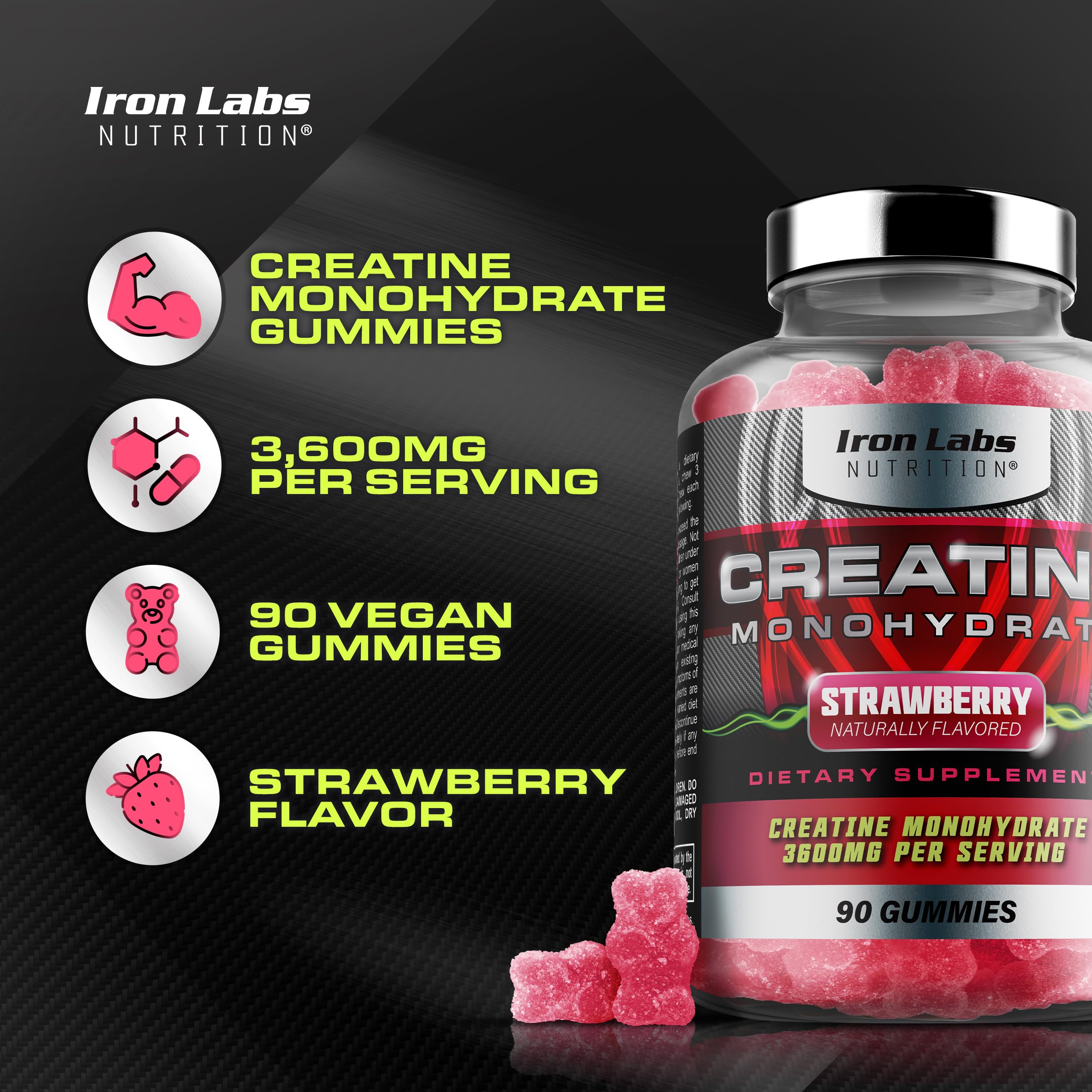 Chewable strawberry-flavored creatine monohydrate gummies