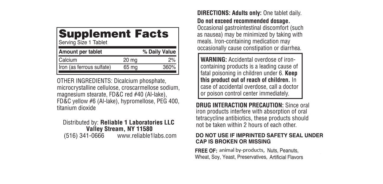 Bottle of iron supplement with 100 tablets