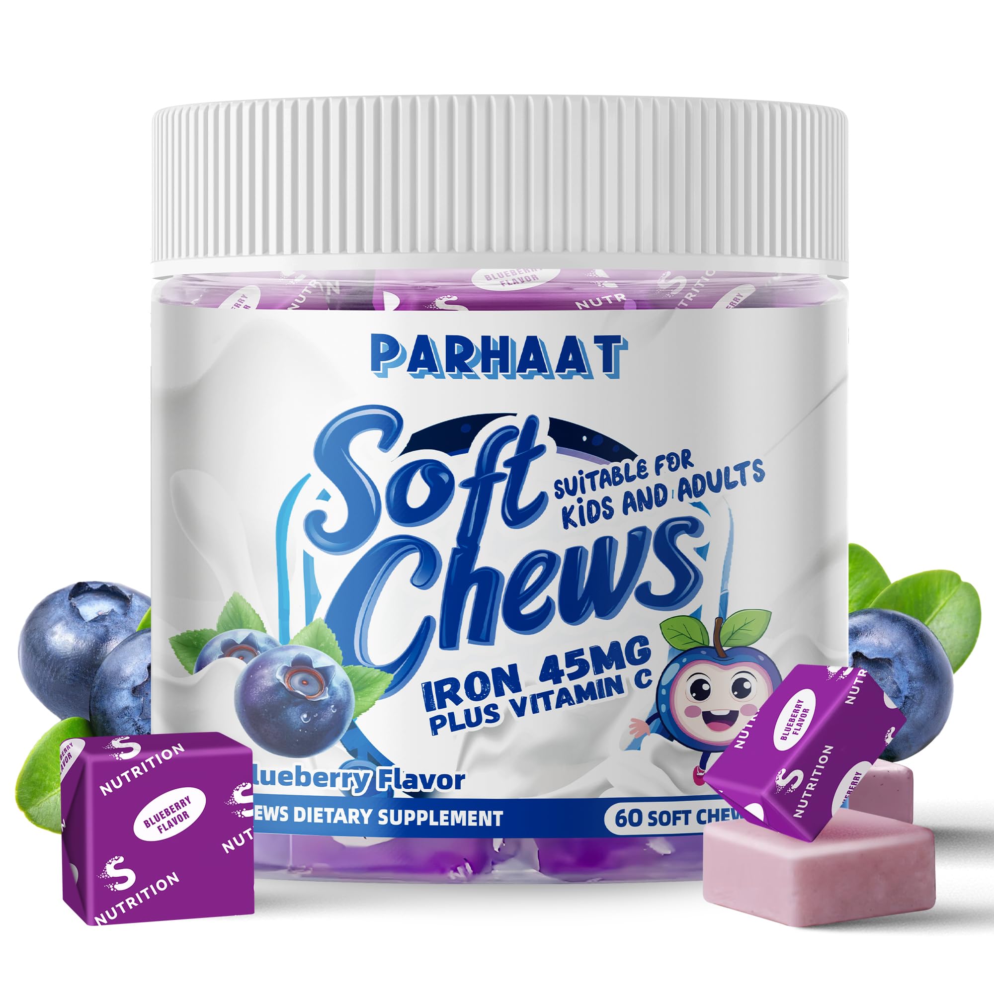 Iron Soft Chews Blueberry flavor bottle – Gluten Free, 60 count