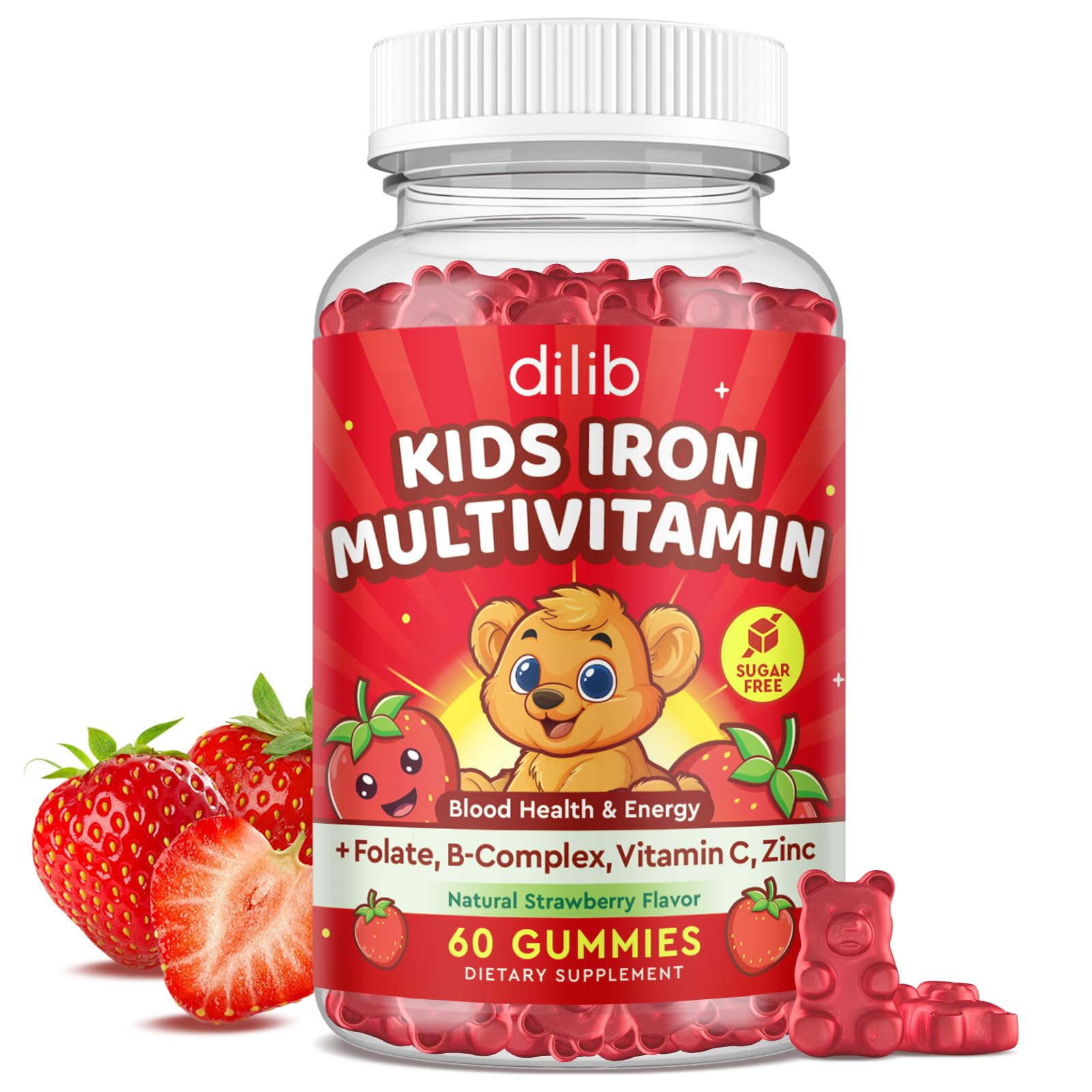 Product bottle of Iron Supplement Gummies for Kids with strawberry flavor