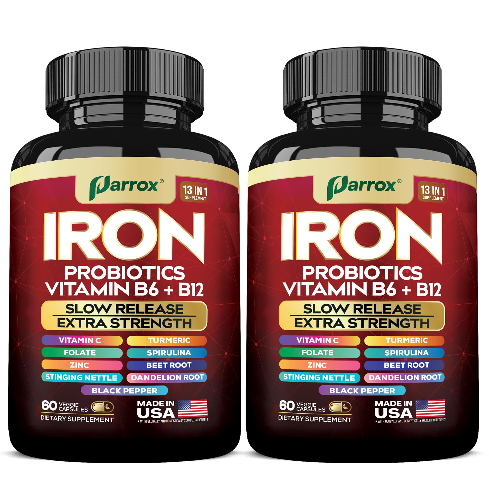 Iron supplement bottle featuring slow-release iron formula