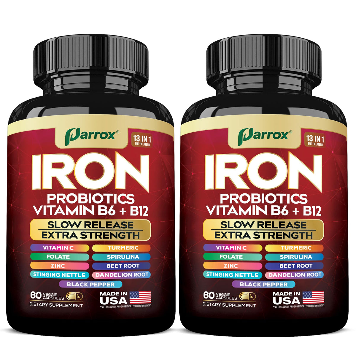 Iron supplement bottle featuring slow-release iron formula