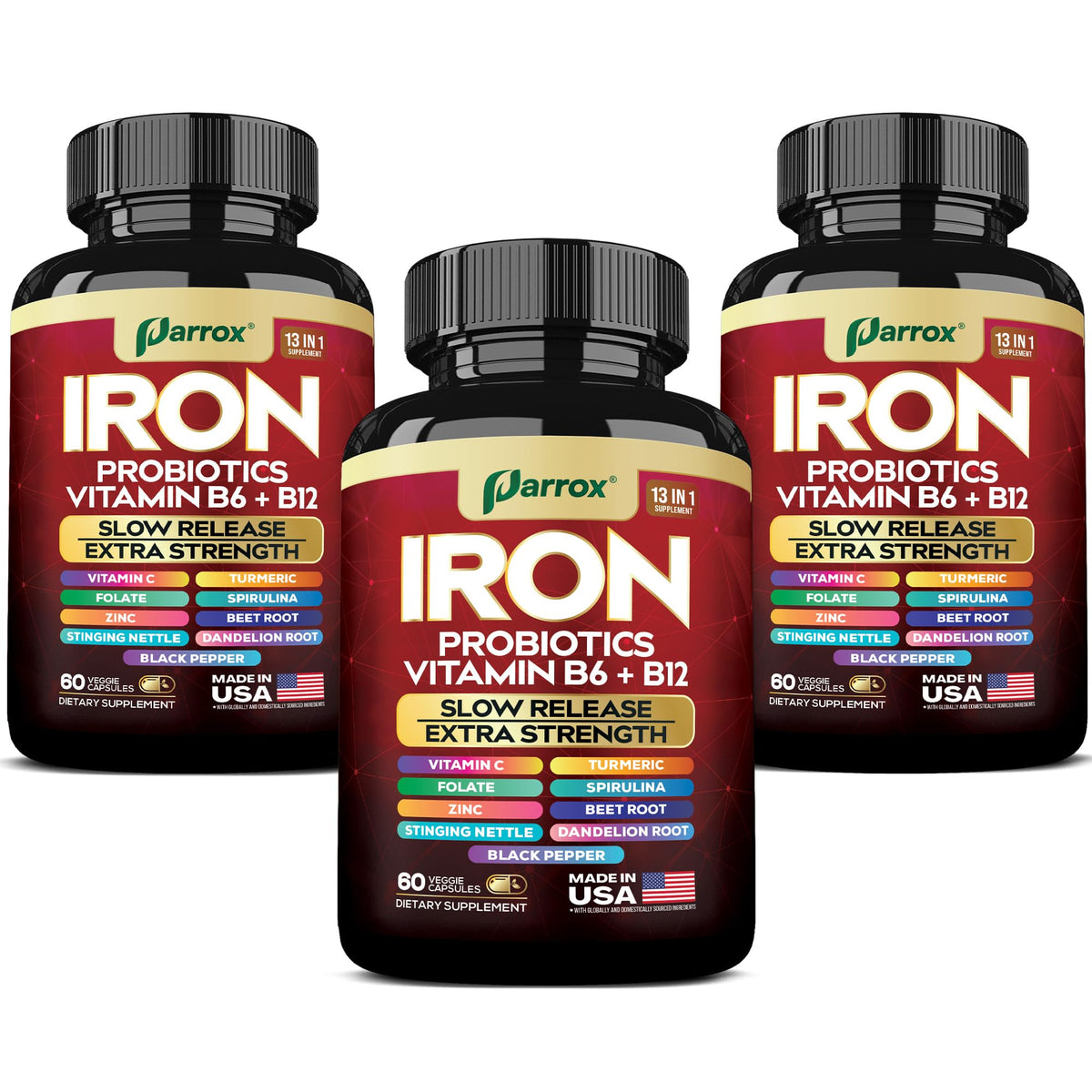 Iron supplement with slow-release formula in bottle