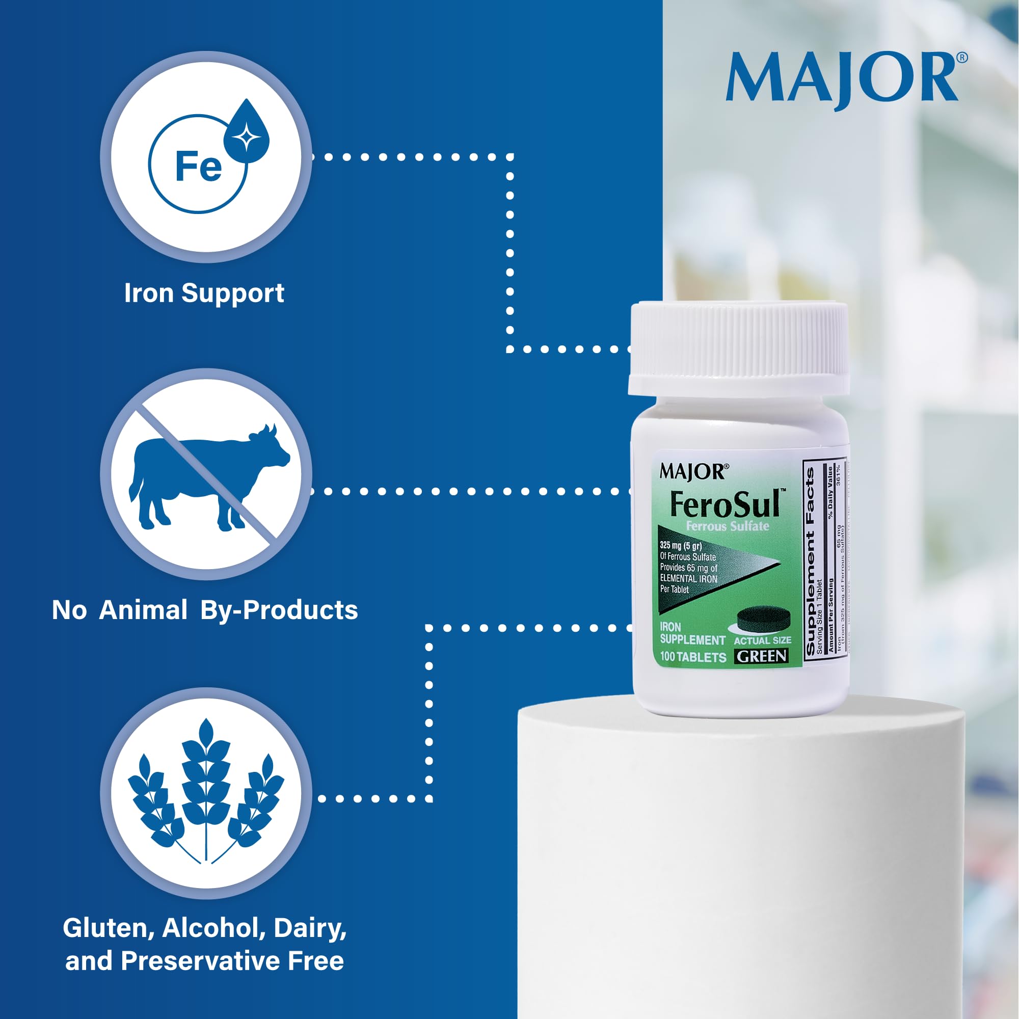 Iron supplement labeled vegan, gluten-free, preservative-free