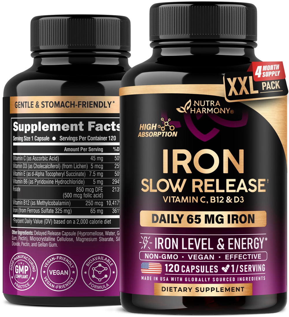 NutraHarmony Iron supplement bottle with 120 capsules
