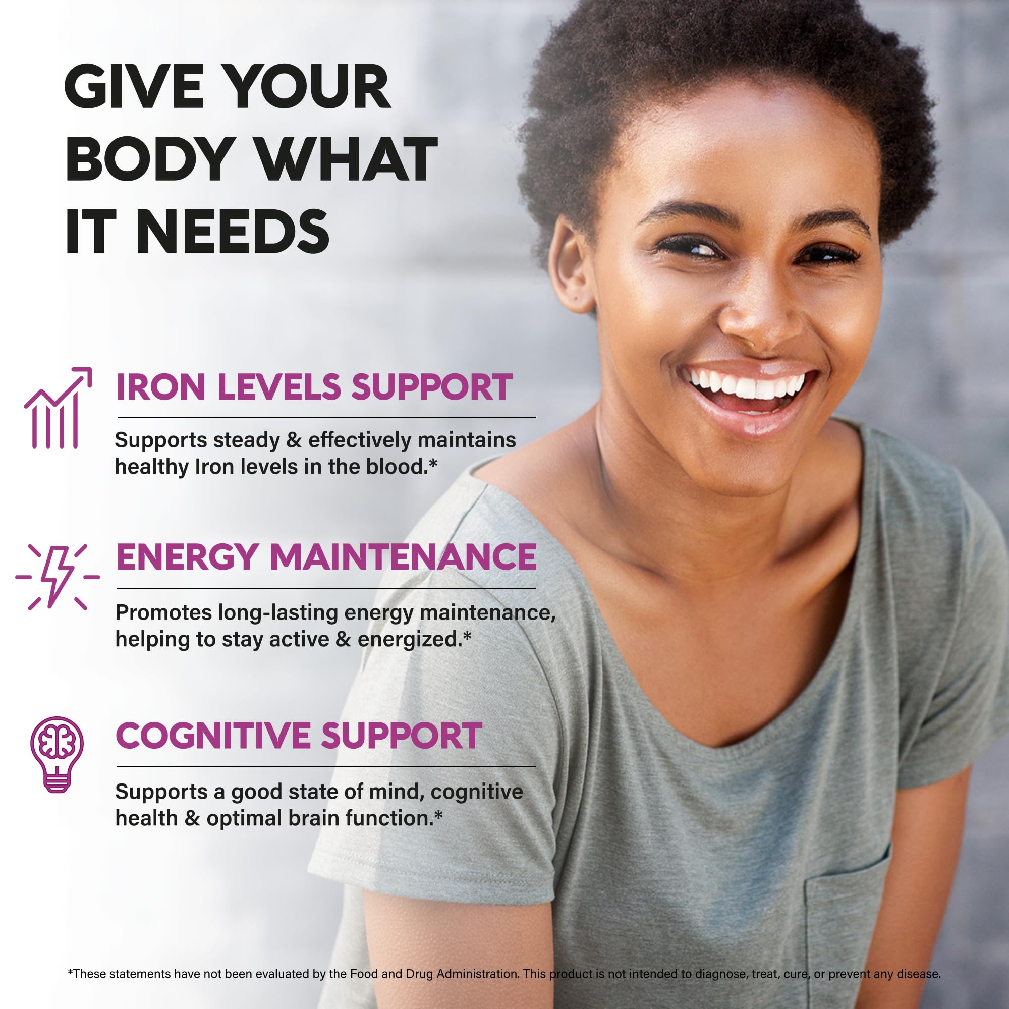 Close-up of NutraHarmony Iron bottle label showing 65mg iron