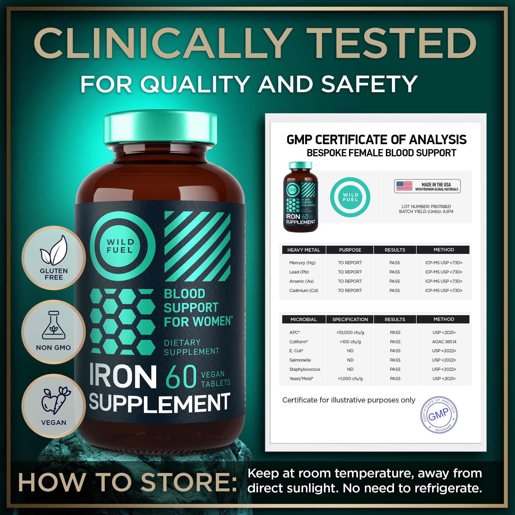 Close-up of iron tablets inside the bottle