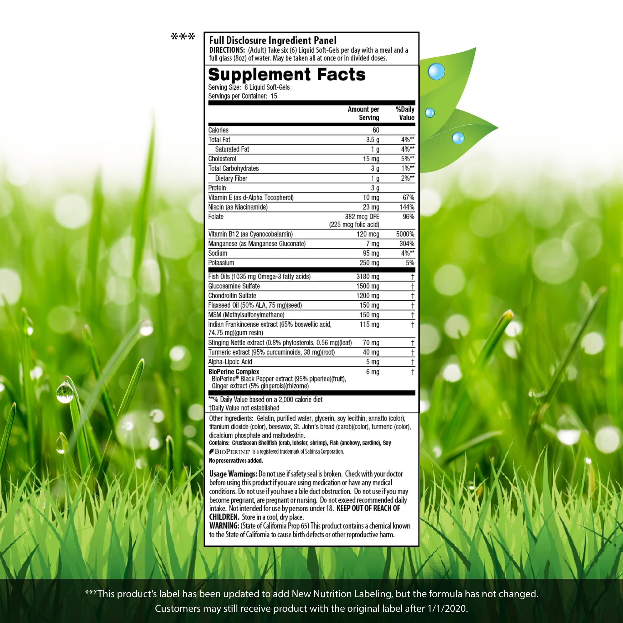 Close-up of 90 liquid softgels capsules for joint support