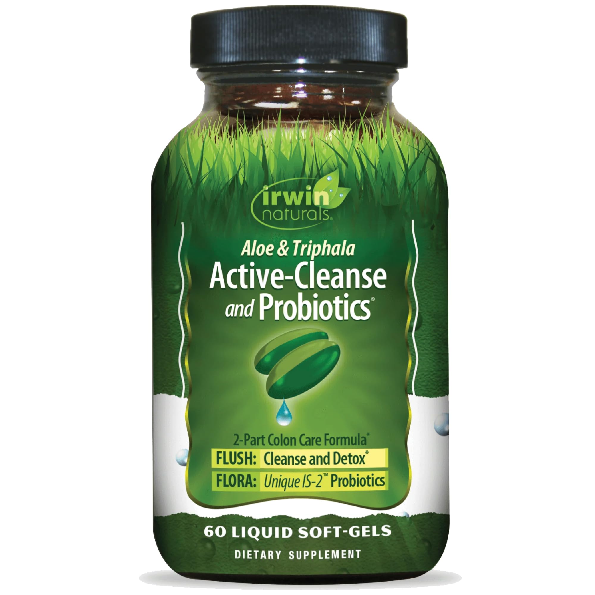 Irwin Naturals Aloe Triphala Active Cleanse bottle pour shows gentle detox support for the digestive tract