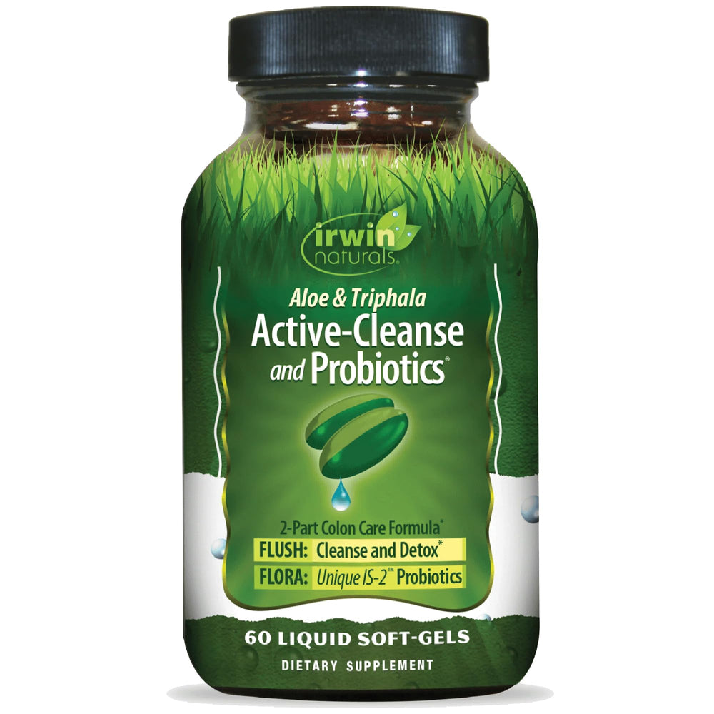 Irwin Naturals Aloe Triphala Active Cleanse bottle pour shows gentle detox support for the digestive tract