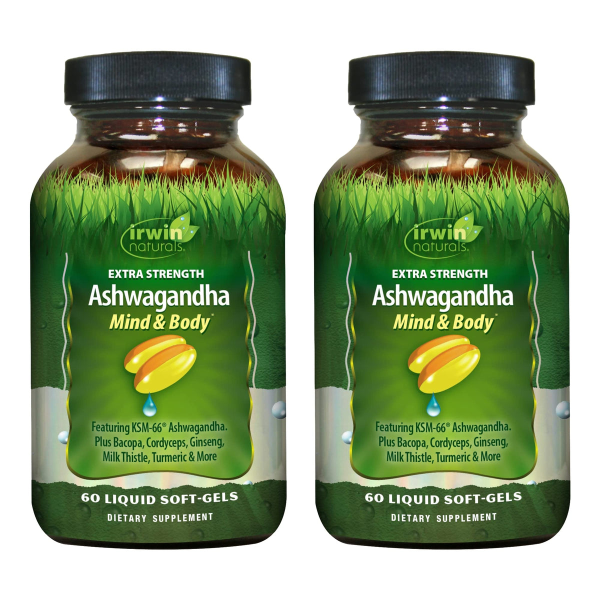 Front view of Irwin Naturals Extra Strength Ashwagandha bottle with 60 soft-gels