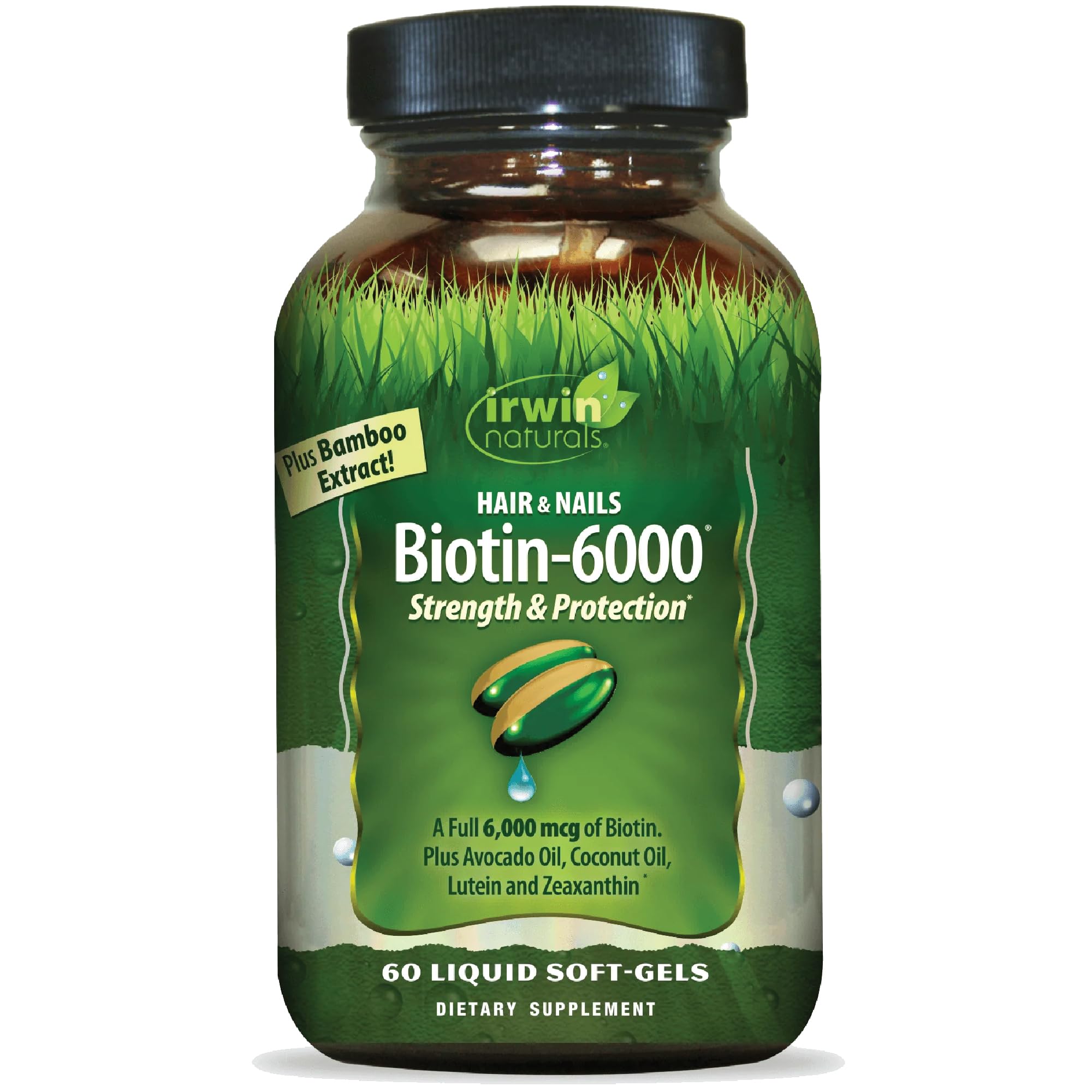 Front view of Irwin Naturals Biotin-6000 bottle with label