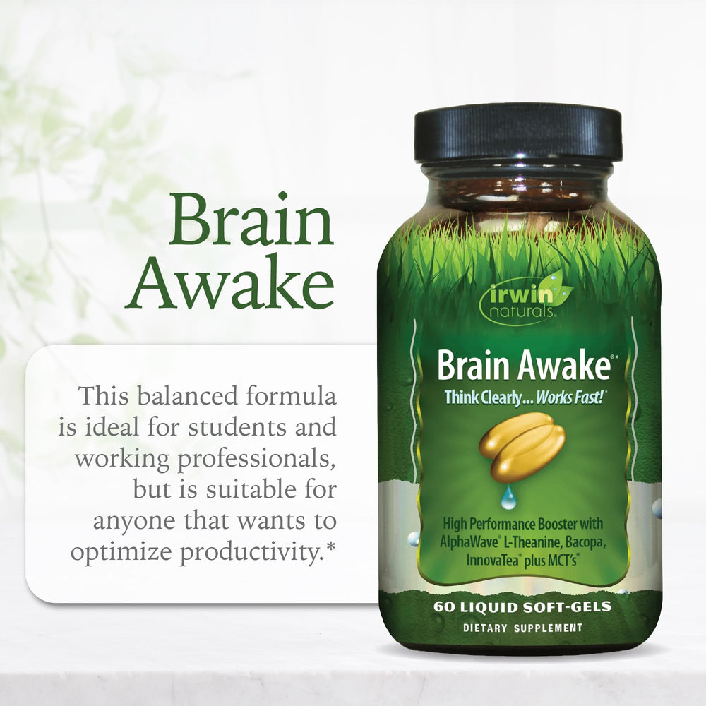 Ingredients highlight on Brain Awake label (L-Theanine, Bacopa, MCTs)