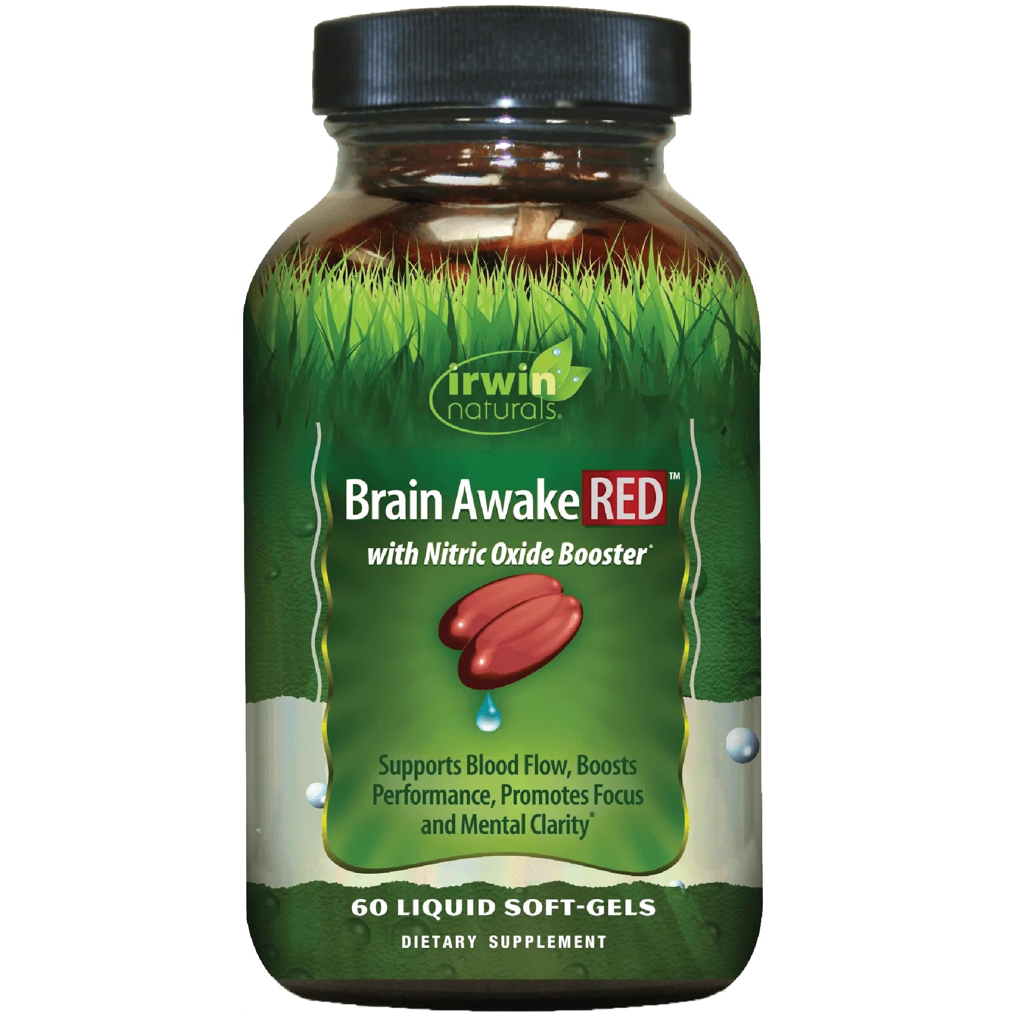 Irwin Naturals Brain Awake RED bottle front view showing focus support and mental clarity