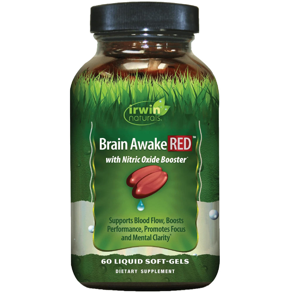Irwin Naturals Brain Awake RED bottle front view showing focus support and mental clarity