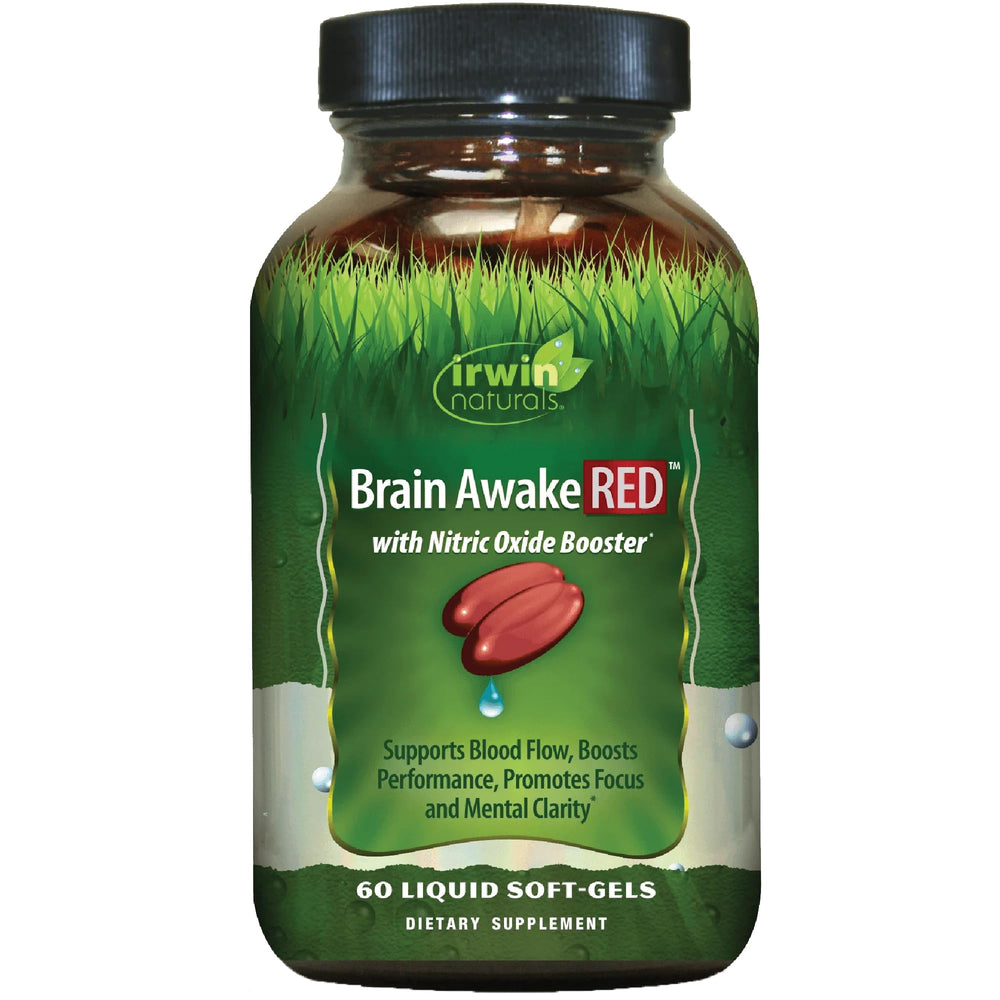 Irwin Naturals Brain Awake RED bottle on desk suggests sharper focus potential.