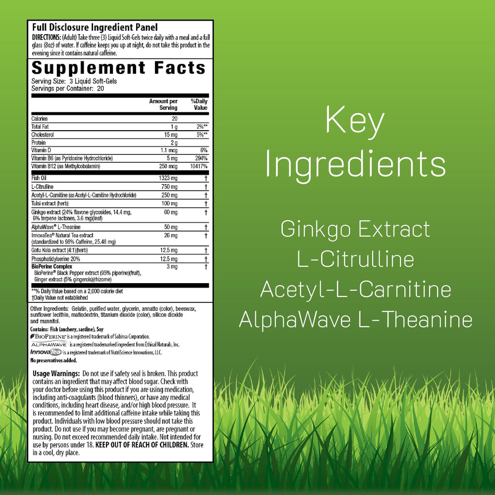 Irwin Naturals Brain Awake RED softgels close-up imply quick, sustained energy.