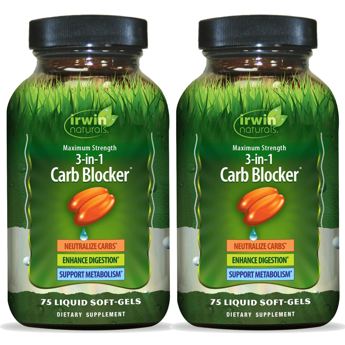 Irwin Naturals carb blocker bottle shown for convenient metabolic support