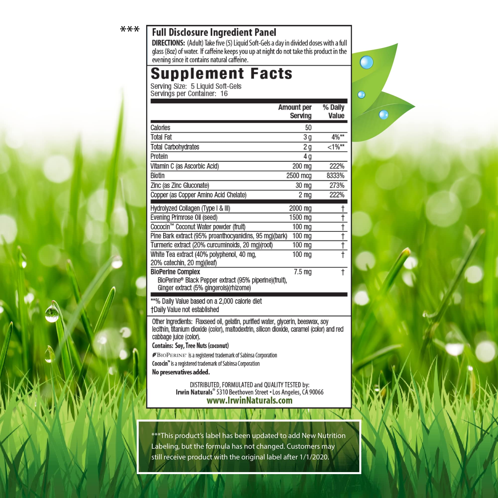 Back label showing supplement facts for Irwin Naturals Collagen-Pure 2-pack